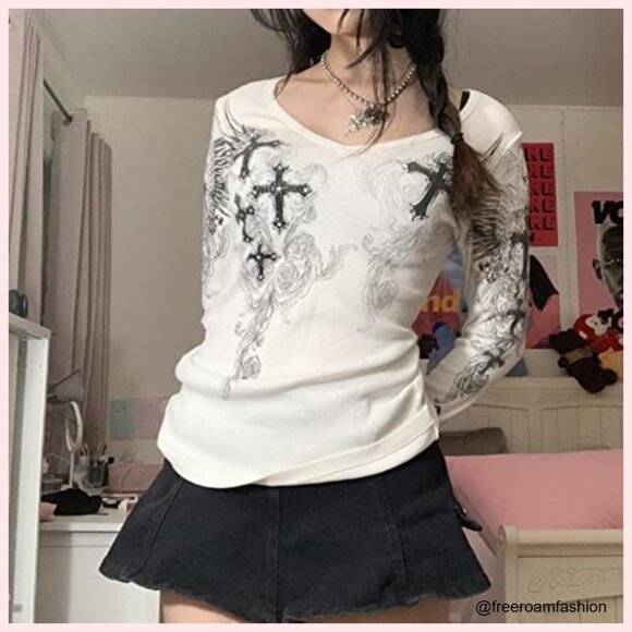 Long Sleeve Crop Top Fairy Grunge Graphic Tee Y2K Vintage Ribbed - Picture 3 of 5